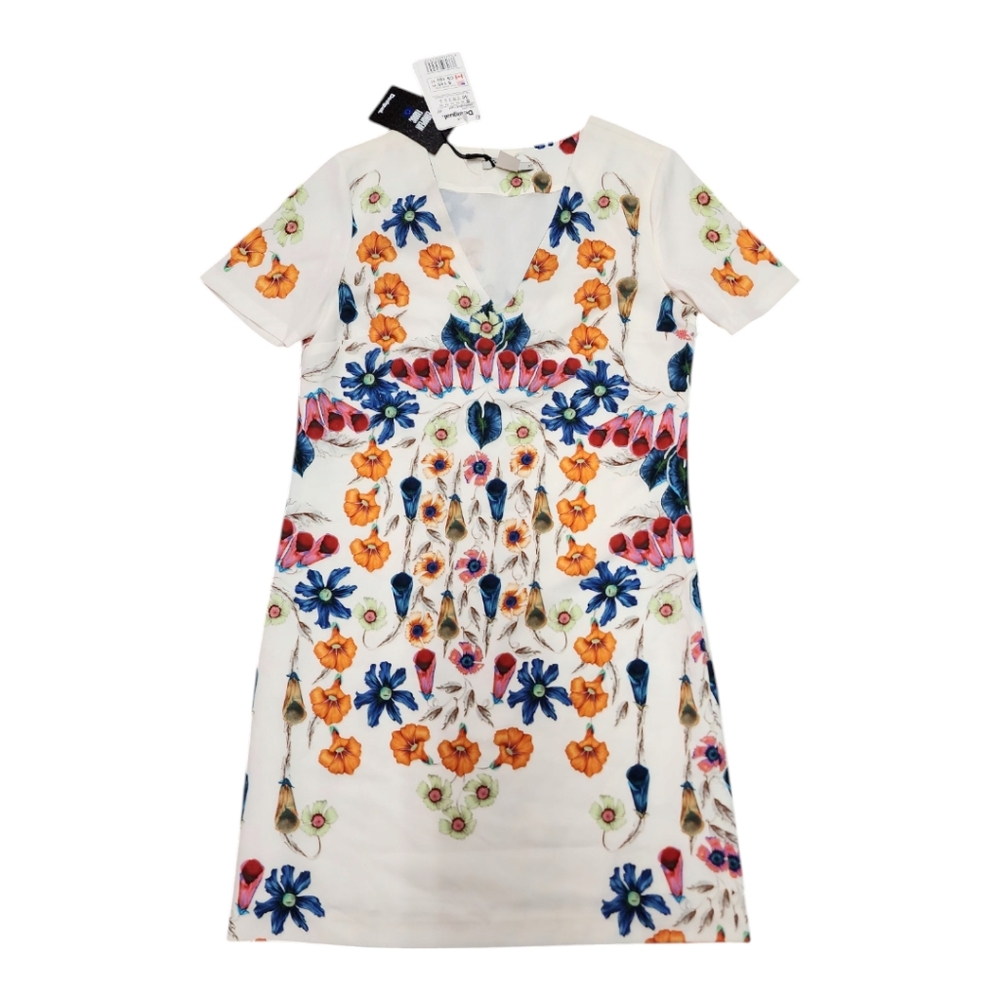 DESIGUAL Gorgeous Floral V-neck Mini Dress In White US Size 2 NWT